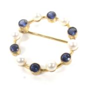 A vintage 9ct gold, sapphire and cultured-pearl open circlet brooch.