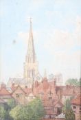 Early 20th century (Richard J Bou....?), watercolour, red roof tops of Chichester and cathedral.
