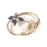 A vintage rose gold, sapphire, diamond and cultured-pearl floral brooch.