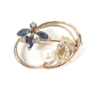 A vintage rose gold, sapphire, diamond and cultured-pearl floral brooch.