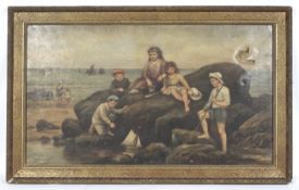 Indistinctly signed,Late 19th century oil on canvas, French children on the shore rocks.