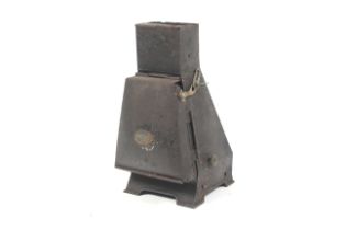 Railway lamp : A unusual black tole painted and brass fitments Red Glass lamp with hinged cover.