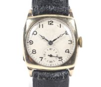 An early 20th century 9ct gold cushion cased wrist watch, circa 1930.