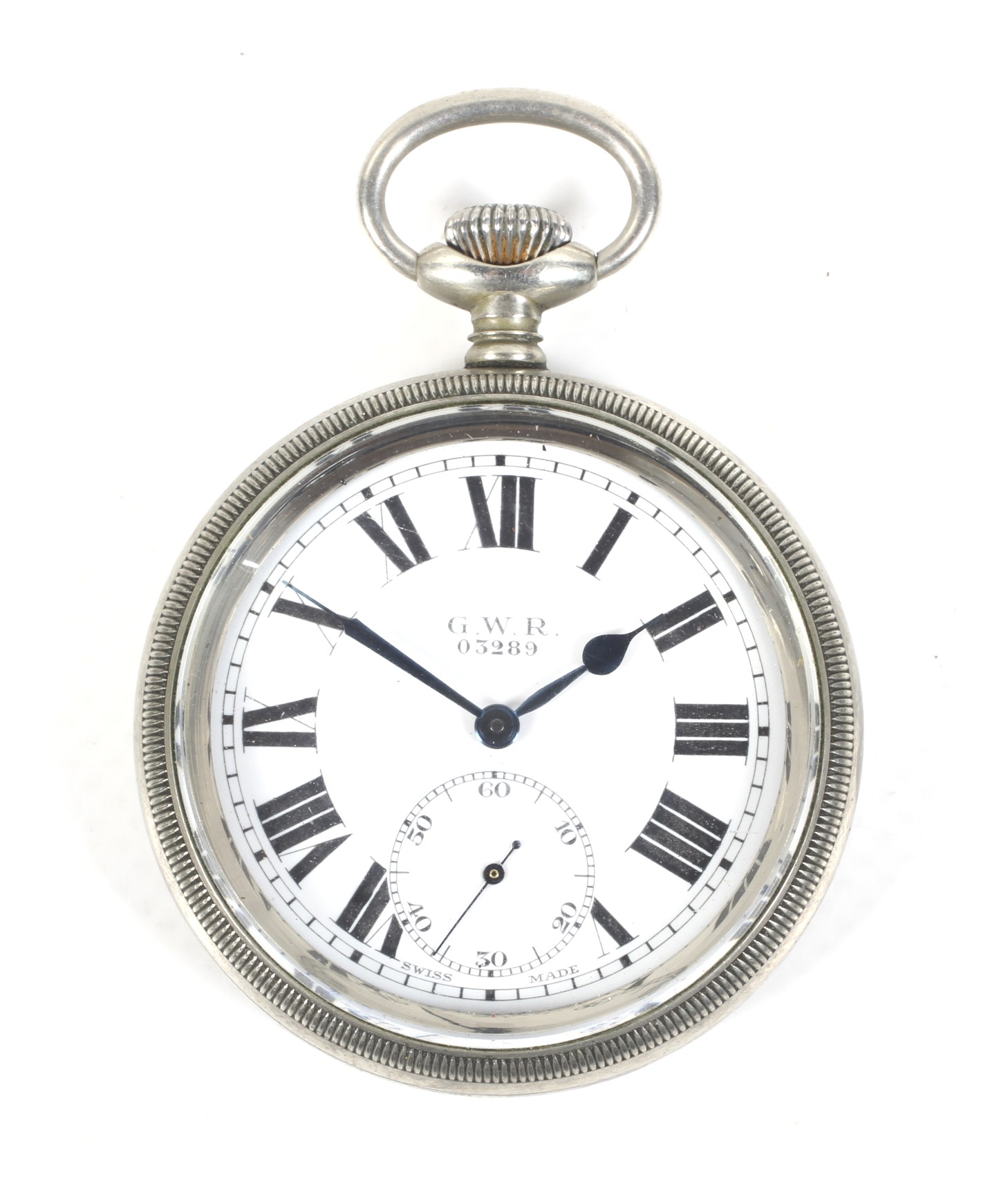 G.W.R. 03289, a Swiss nickel cased open face keyless pocket watch, no 3712942.