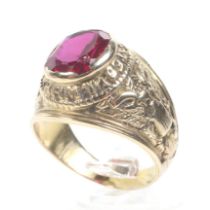 A vintage American gold and synthetic-ruby 'United States Army' college style ring.