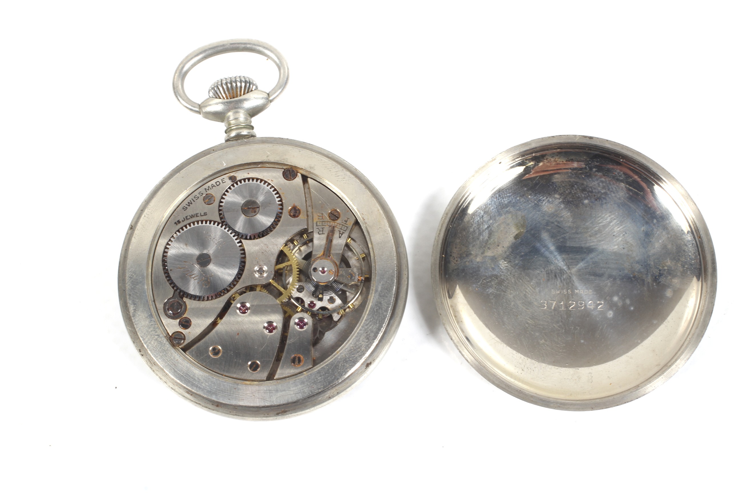 G.W.R. 03289, a Swiss nickel cased open face keyless pocket watch, no 3712942. - Image 3 of 3