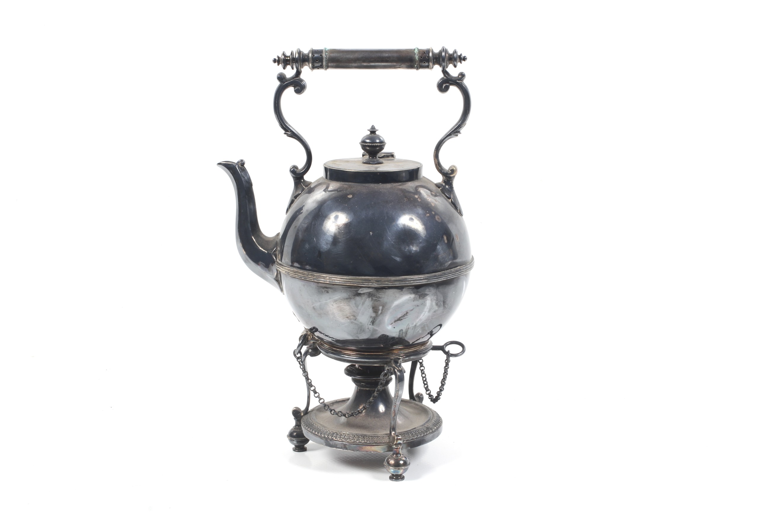 A late 19th/early 20th century silver-plated round tea kettle on stand.