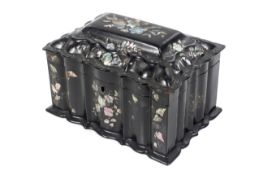 A Victorian black lacquered papier mache two sectional tea caddy.