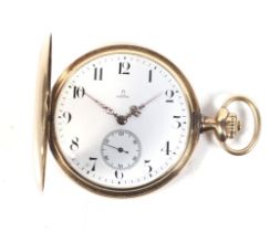 Omega, a 14K hunter cased keyless pocket watch, circa 1928. No.