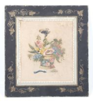 Chinese Regency, watercolour of a butterfly over a basket of peonies and other flowers.