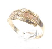 A late Victorian/Edwardian 15ct gold, coral and half-pearl panel ring.