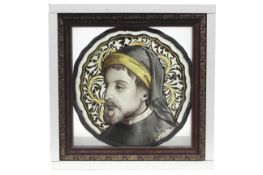 19 th century Stain glass : A vintage painted stain glass roundel of a Gothic man,