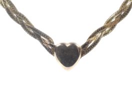 A vintage Italian 9ct gold woven-mesh necklace with a central heart motif.