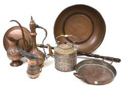 A collection of Victorian and later copper. Including an embossed jug, bowl, bedpan.