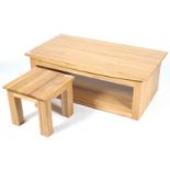 A contemporary oak coffee table and a similar smaller table.