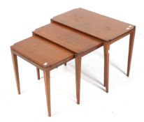 A mid-century nest of three teak tables. With square tapering supports. Max.