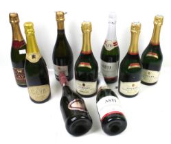 Nine bottles of sparkling wine. Including Cava, Asti, etc.