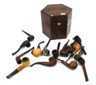 A 19th century rosewood hexagonal concertina box and a collection of smoker's pipes. Max.