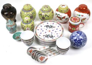 An assortment of contemporary oriental ceramics. Including ginger jars, spoons, bowls, etc. Max.