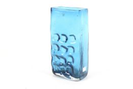 A mid century Geoffrey Baxter Whitefriars 'Nuts & Bolts' kingfisher blue textured glass vase.