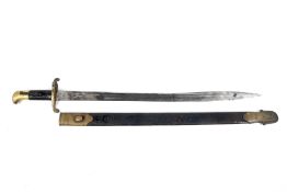 A vintage bayonet with leather scabbard. Marked 'V Ld E1 105' to hilt and '105' to button.