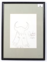 A sketch of a bull signed by Paddy Ashdown MP. With a covering letter. Framed and glazed.