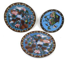 Three cloisonne enamel plates. Decorated with birds and flowers. Max.