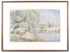M G Webb - watercolour painting, cows drinking at a river. Signed lower left. 33cm x 50.5cm.