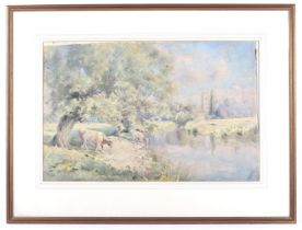 M G Webb - watercolour painting, cows drinking at a river. Signed lower left. 33cm x 50.5cm.