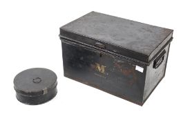 A vintage black metal deeds box and a collar box. The deeds box marked 'M', H20.