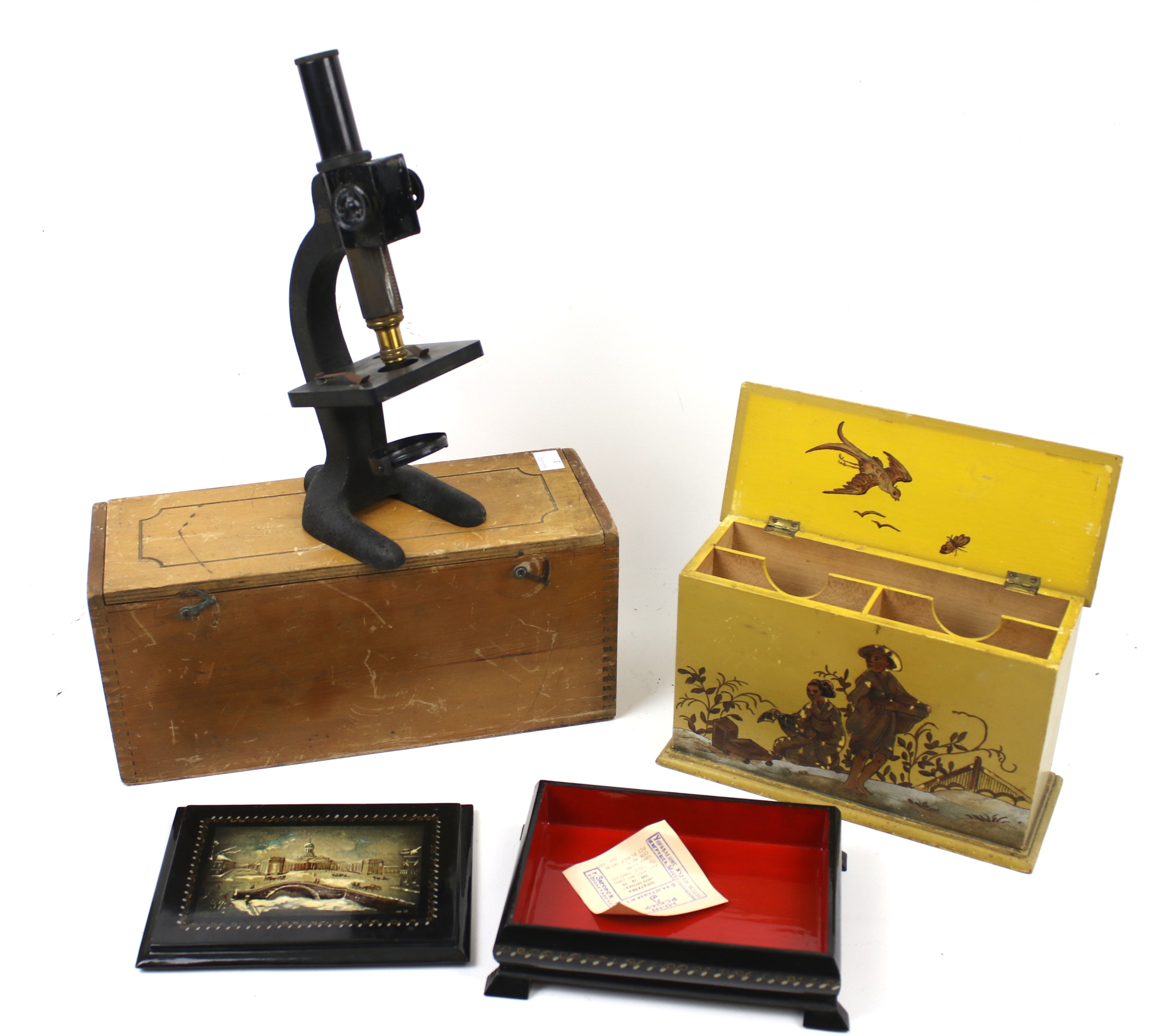 A cased vintage microscope and two boxes. Including a Russian black lacquered jewellery box, etc.