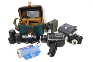 A collection of cameras and film equipment. Including a Chinon 805S recorder, etc.