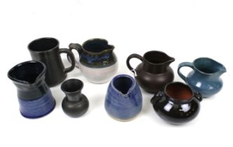 A collection of studio pottery. Including jugs, vases, etc. mostly glazed in blue. Max.