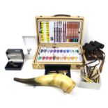 A group of assorted collectables. Including a paint set, pens, gunpower horn and two boxed watches.