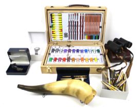 A group of assorted collectables. Including a paint set, pens, gunpower horn and two boxed watches.