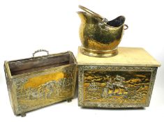 A brass coal scuttle, magazine rack and log box.