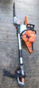 A Timber Pro electric chainsaw and a Terratek 20V Lithium Long reach hedge trimmer.