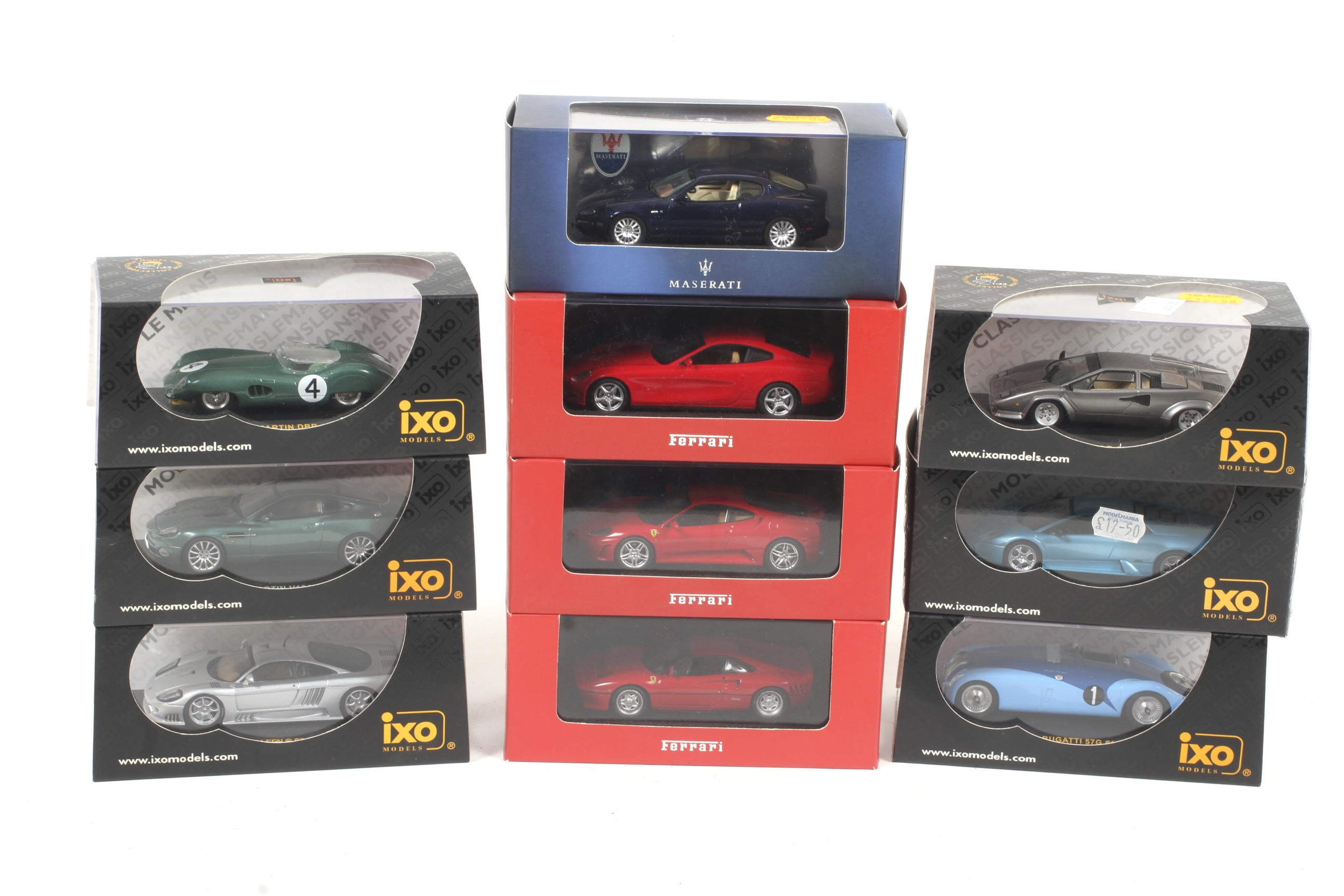 A collection of ten IXO models diecast cars. Featuring Ferrari, Maserati, Bugatti etc, all boxed.