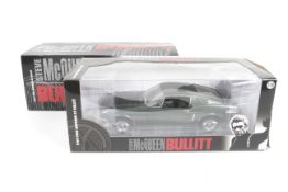 A 1:18 scale diecast model of Steve McQueen's Bullit 1968 Ford Mustang. In original box.