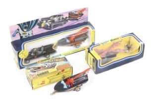 A collection of Corgi Batman vehicles. Comprising one Batmobile and Batboat no. 3, one Batcoptor no.