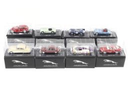 A collection of eight Jaguar diecast cars. Including XK140, Mk2 1960 and SS1, all boxed.