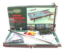 A Jaques mini master table top snooker and pool set. With cues, balls etc, in original box.