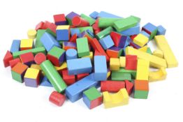 A collection of wooden building blocks. Good range of sizes and colours etc.