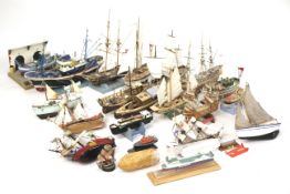 A collection of wooden model ships.