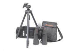 A pair of SkyMaster Celestron 25x70 multi-coated binoculars and a Velbon Sherpa 537D tripod.