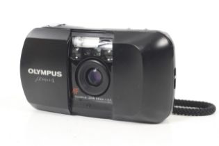 An Olympus MJU-1 35mm compact point and shoot camera. Black, Serial No. 5155422.