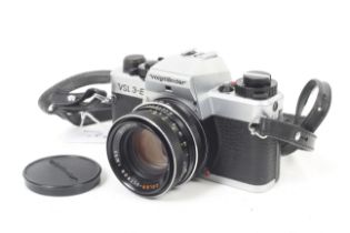 A Voigtlander VSL 3-E 35mm SLR camera. Chrome, Serial No. 6408984. With a Voigtlander 50mm f1.