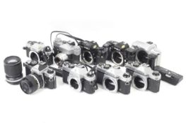 An assortment of 35mm SLR cameras.