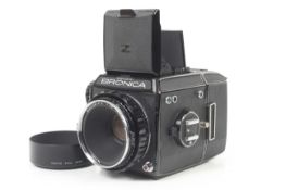 A Zenza Bronica EC 6x6 medium format camera. Black. Serial No. CB 322918. With a Nikon 75mm f2.