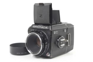 A Zenza Bronica EC 6x6 medium format camera. Black. Serial No. CB 322918. With a Nikon 75mm f2.